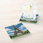 Eiffel Tower View from Champ de Mars Public Park Glass Coaster<br><div class="desc">Paris France Eiffel Tower seen from Champ de Mars park with green lawn and visitors under sunny sky</div>