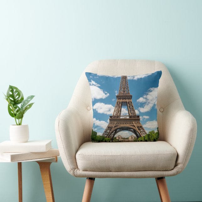 Eiffel Tower View from Champ de Mars Public Park Throw Pillow (Chair)