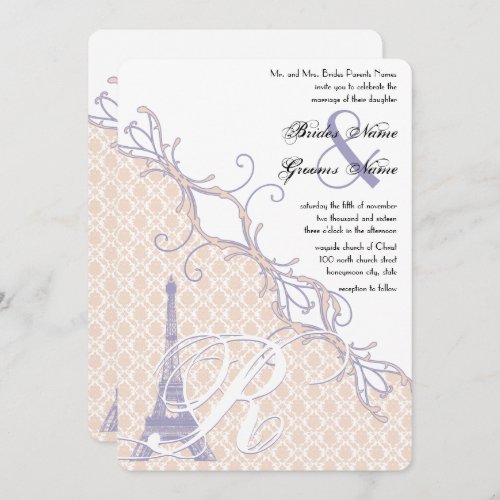 Eiffel Tower Vintage Damask Silver Peony Lavender Invitation