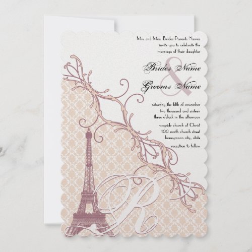 Eiffel Tower Vintage Damask Silver Peony Lavender Invitation