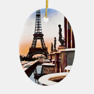 Eiffel Tower Vintage Hand Colored Birds Eye View Ceramic Ornament