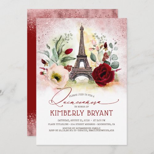 Eiffel Tower Vintage Paris Pink Gold Quinceaera Invitation