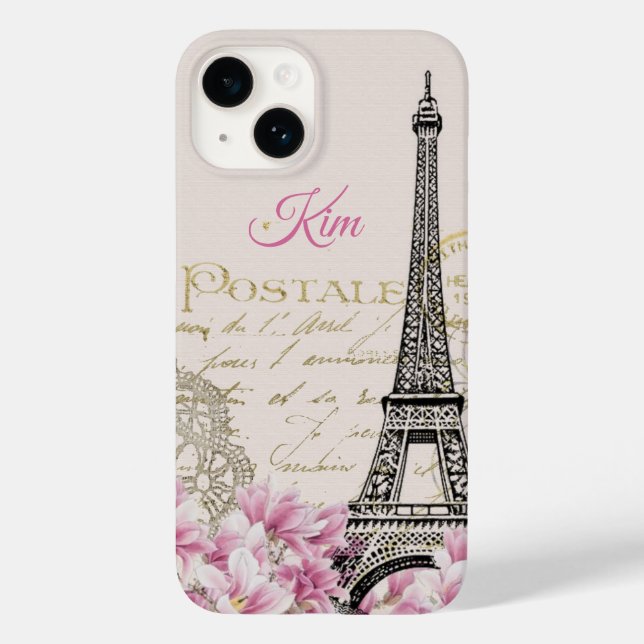Eiffel Tower vintage postcard Magnolias  Case-Mate iPhone Case (Back)
