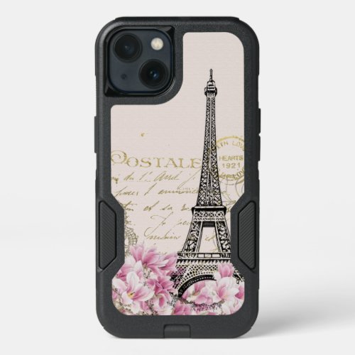 Eiffel Tower vintage postcard Magnolias iPhone 13 Case