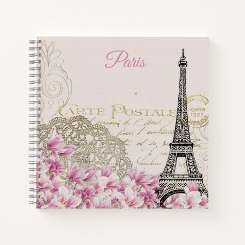 Eiffel Tower vintage postcard Pink Magnolias Notebook