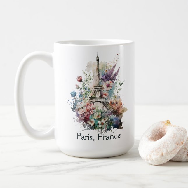 Eiffel Tower Watercolor Florals, Paris France Coffee Mug (With Donut)
