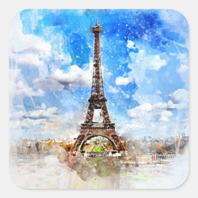 Eiffel Tower watercolor painting Square Sticker (Front)