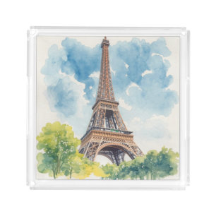 Eiffel Tower Watercolor Paris France Painted Acrylic Tray
