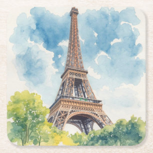 Eiffel Tower Watercolor Paris France Painted Square Paper Coaster