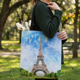 Eiffel Tower Watercolor Paris Skyline Art Print Tote Bag