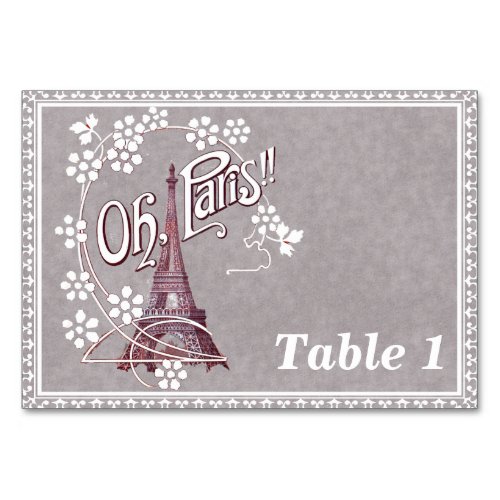 Eiffel Tower White Daisy Flowers Fancy Border Gray Table Number