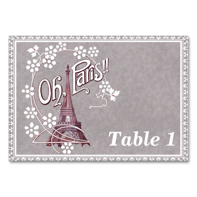 Eiffel Tower White Daisy Flowers Fancy Border Gray Table Number (Front)