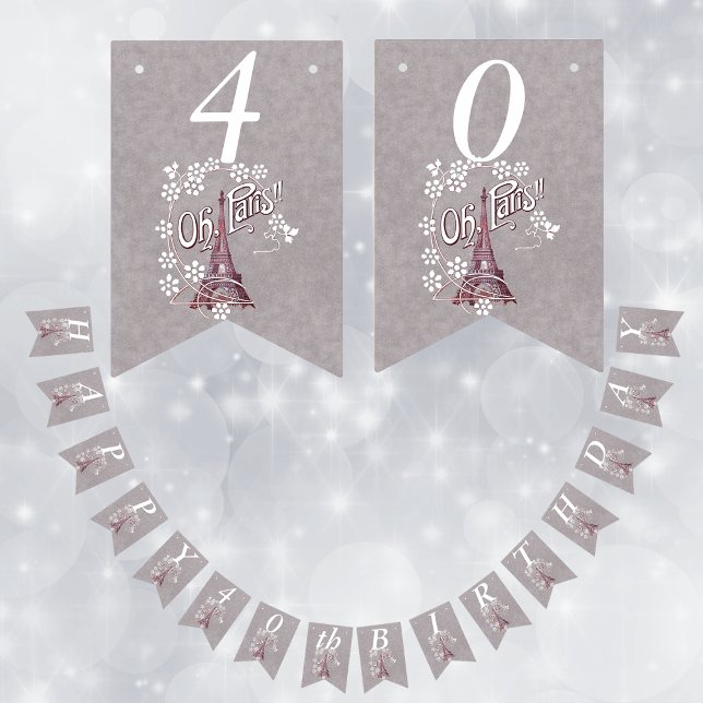 Eiffel Tower White Daisy Flowers Grey Birthday Bunting Flags (Eiffel tower in France white daisy flowers Oh Paris on grey Happy Birthday banner.)