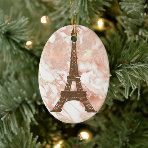 Eiffel Tower White Rose Gold Marble Christmas Ceramic Ornament