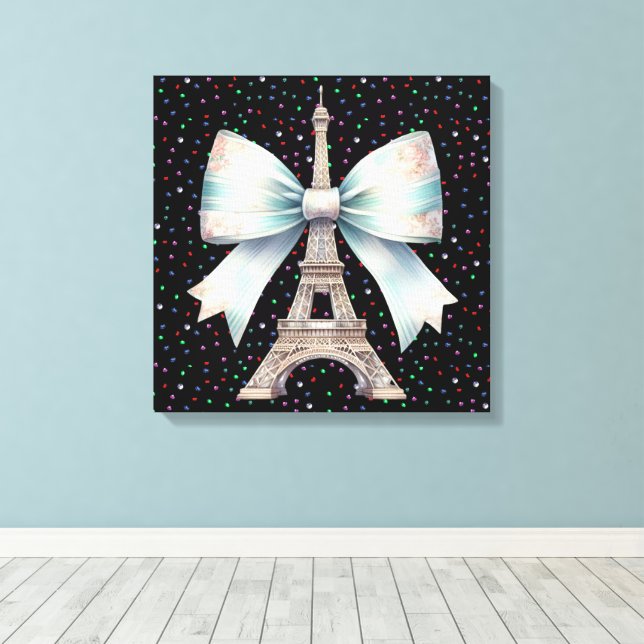 Eiffel Tower with Bow Throw Pillow Canvas Print (Insitu(Wood Floor))