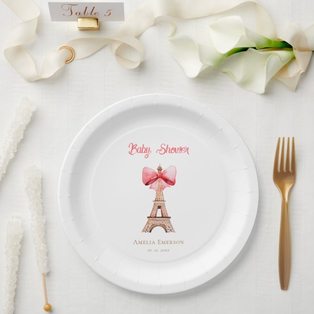 Eiffel Tower with Pink Bow Paris Baby Shower  Paper Plates (Wedding)
