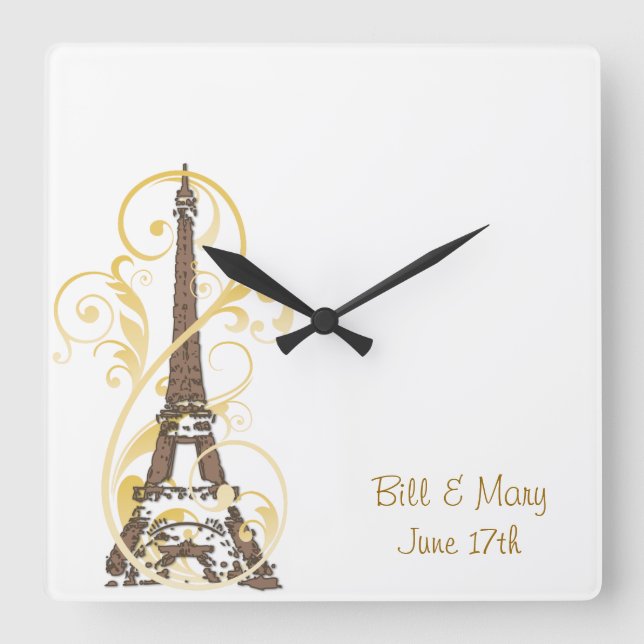 Eiffel Tower with Scrolls Square Wall Clock (Front)
