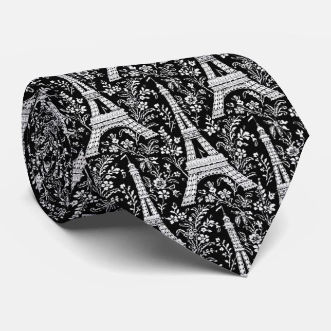 Eiffel Towers and Flowers Black Neck Tie (Rolled)