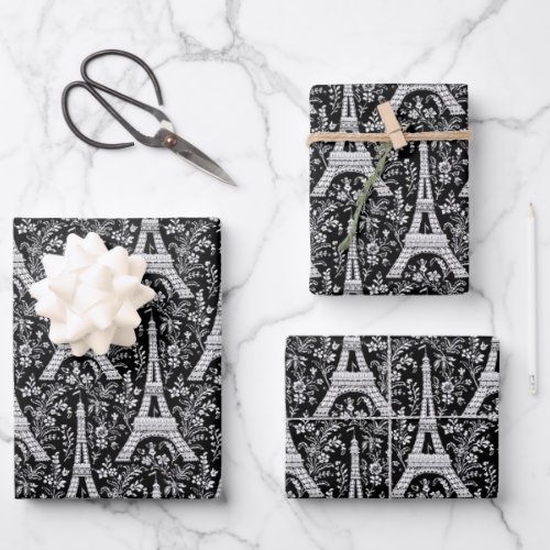 Eiffel Towers and Flowers Black Wrapping Paper Sheets