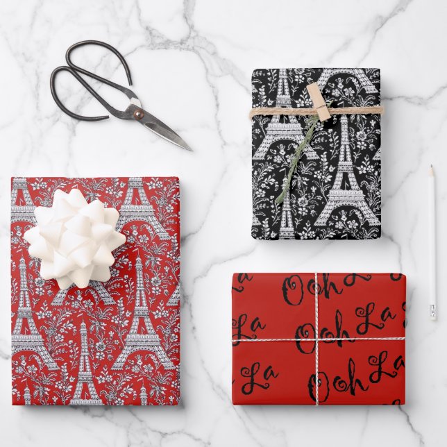 Eiffel Towers and Flowers Red and Black Wrapping Paper Sheets (Front)