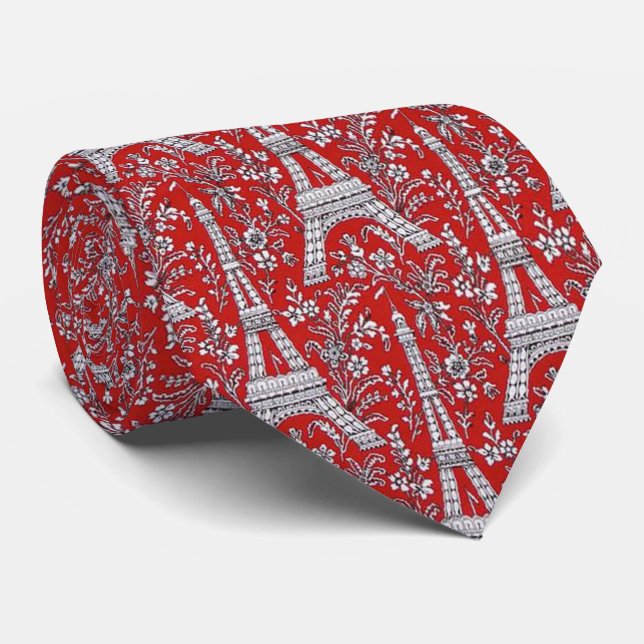 Eiffel Towers and Flowers Red Neck Tie (Rolled)