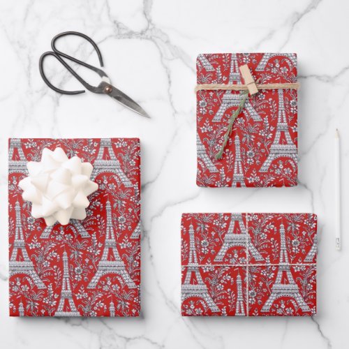 Eiffel Towers and Flowers Red Wrapping Paper Sheets