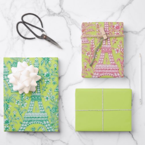 Eiffel Towers and Flowers Watermelon and Green Wrapping Paper Sheets