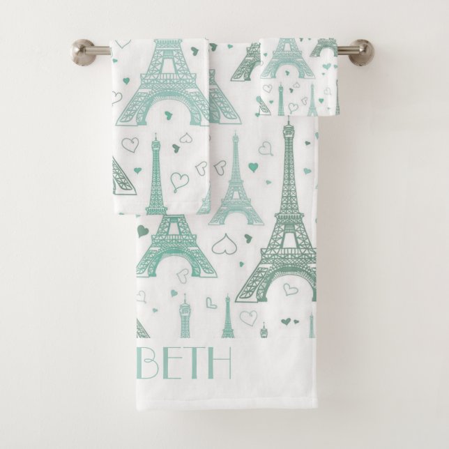 Eiffel Towers and hearts personalized Bath Towel Set (Insitu)