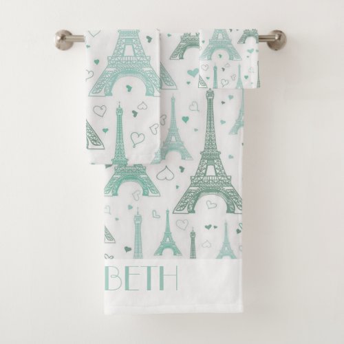Eiffel Towers and hearts personalized Bath Towel Set