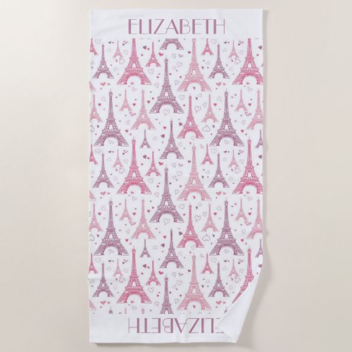 Eiffel Towers and hearts personalized Beach Towel