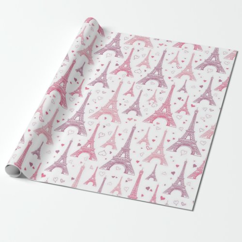 Eiffel Towers and hearts Wrapping Paper