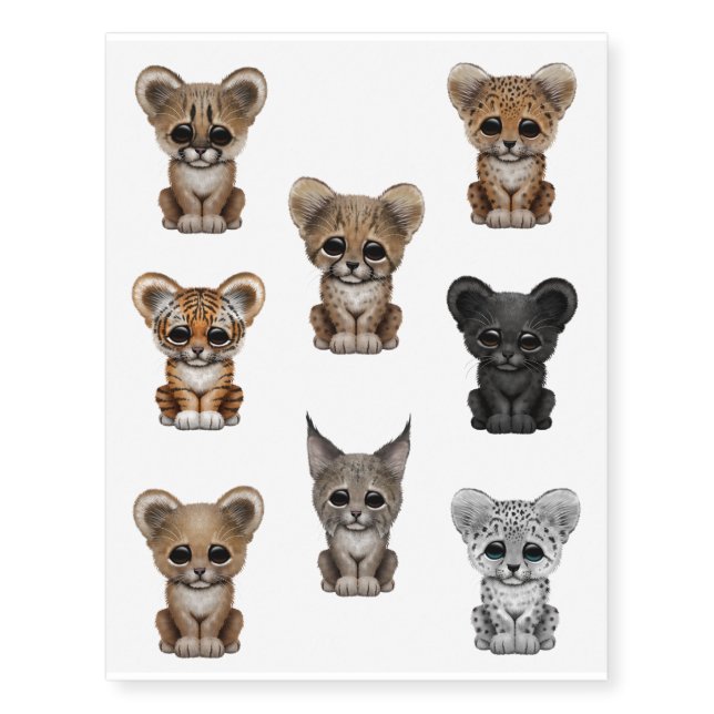 Eight Adorable Big Cat Cubs Collection Temporary Tattoos (Front)
