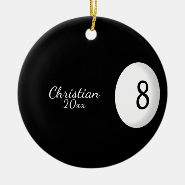 Eight Ball Billiard Name and Year Ceramic Ornament (Front)