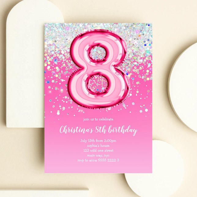 Eight Balloon Glitter 8th Birthday Party Invitation (Creator Uploaded)