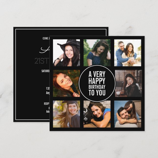 Eight Birthday Photo Collage Black and White  Invi Invitation (Front/Back)