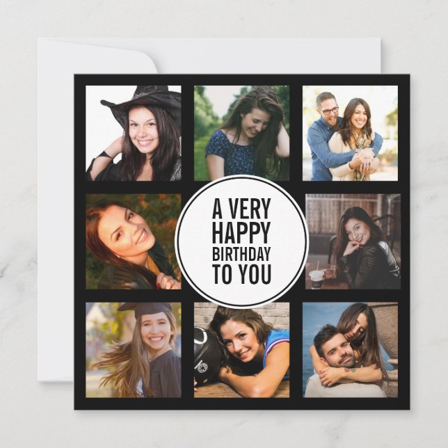 Eight Birthday Photo Collage Black and White  Invitation (Front)