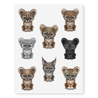 Eight Cute Big Cat Cubs Wearing Glasses Temporary Tattoos