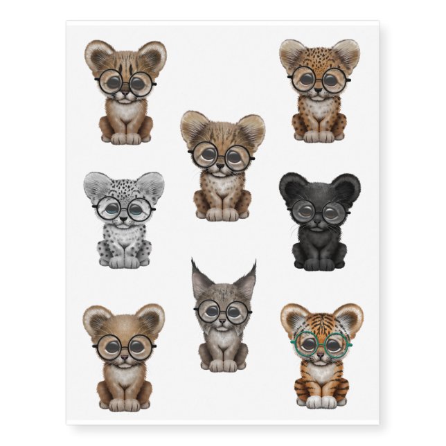 Eight Cute Big Cat Cubs Wearing Glasses Temporary Tattoos (Front)