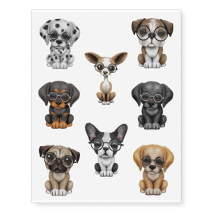 Eight Cute Puppy Dogs Wearing Glasses Temporary Tattoos