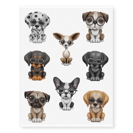 Eight Cute Puppy Dogs Wearing Glasses Temporary Tattoos