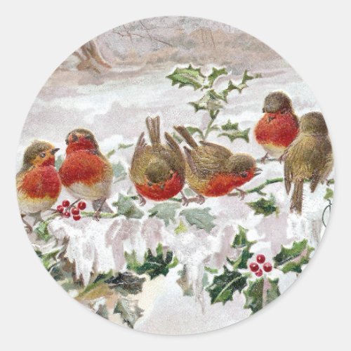 Eight English Robins on Holly Vintage Christmas Classic Round Sticker