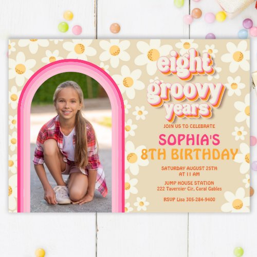 Eight Groovy Retro Daisy Photo Birthday Invitation