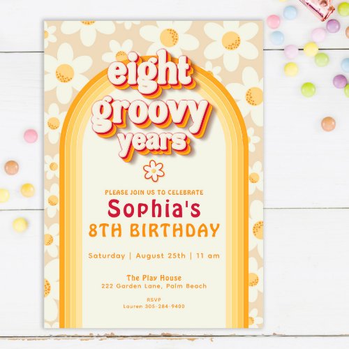 Eight Groovy Years Boho Daisy Rainbow Birthday Invitation