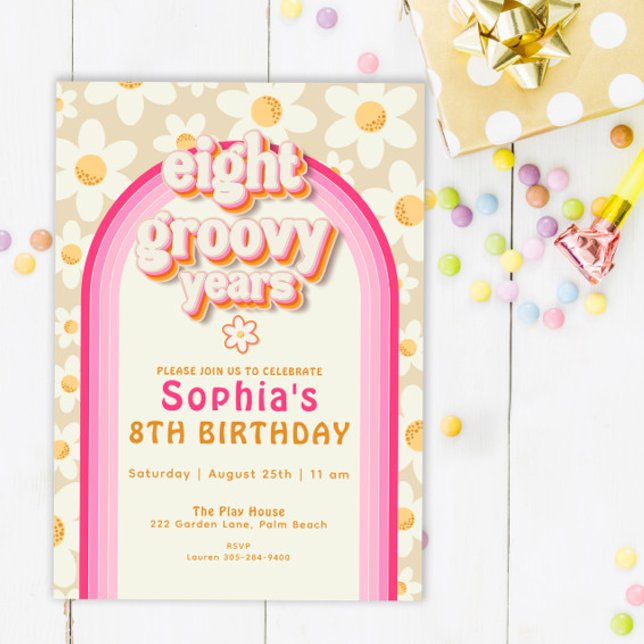 Eight Groovy Years Daisy Rainbow Birthday Invitati Invitation (Creator Uploaded)