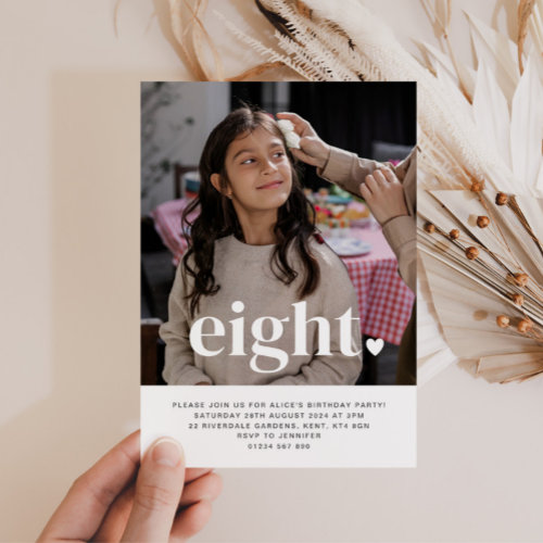 Eight Heart Photo First Birthday Invitation 