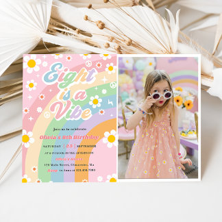 Eight Is A Vibe Groovy Daisy Rainbow 8th Birthday Invitation