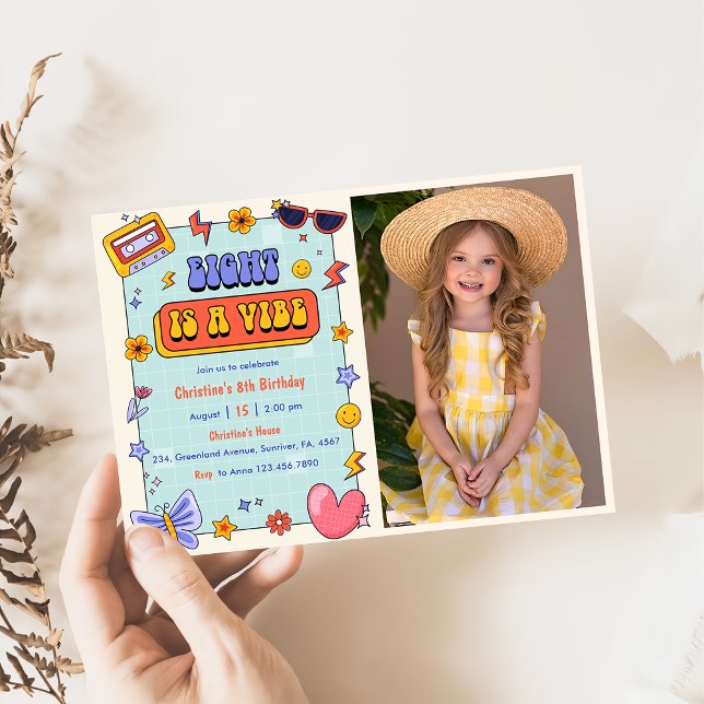 Eight Is A Vibe Groovy Hippie 8th Birthday Photo  Invitation (Creator Uploaded)