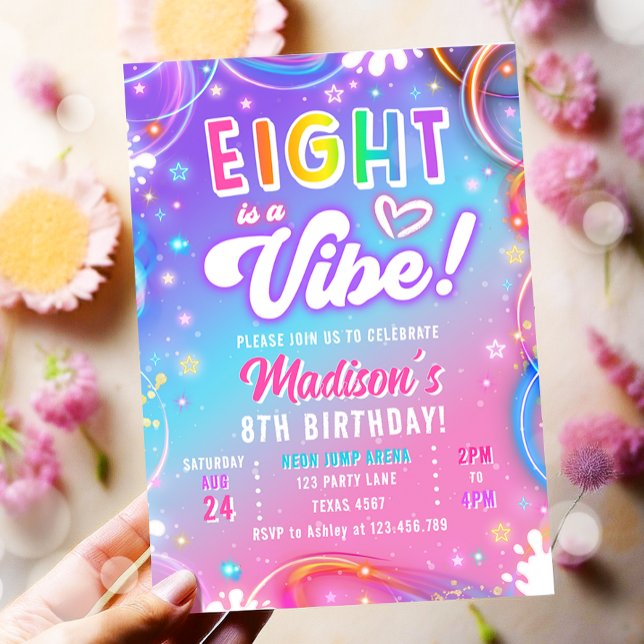Eight is a Vibe Retro Groovy Neon Girl Birthday Invitation (Creator Uploaded)