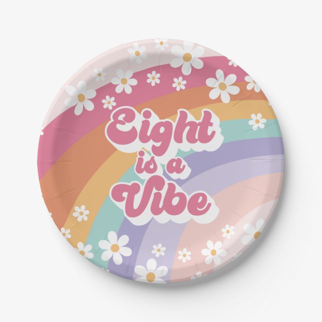 Eight is a Vibe Retro Rainbow 8th Birthday Paper Plates (Front)