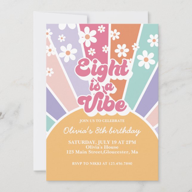 Eight is a Vibe Retro Sunshine Rainbow Daisy Invitation (Front)
